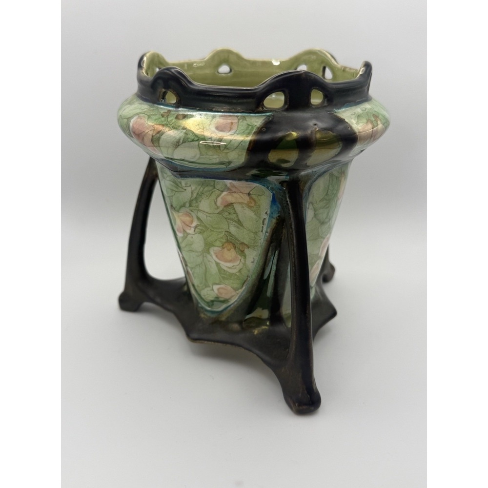 Antique Bohemian Art Nouveau Iridescent Tripod Ceramic Vase Dressler? 1890-1910 - Picture 4 of 15